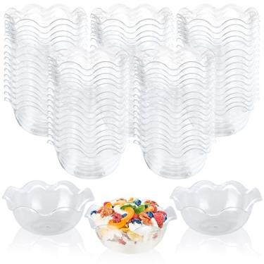 Imagem de YOUNTHYE Pacote com 150 tigelas de sobremesa pequenas descartáveis de 100 ml, copos de sobremesa de plástico em forma de flor para sorvete, parfait, lanches (material PS cristalino)