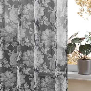 Imagem de Cortinas florais pretas de 153 cm de comprimento, 2 painéis para quarto, vintage, gótico, bolso de haste, filtro de luz, cortinas com estampa de flores para sala de estar, filtragem de luz, tratamento