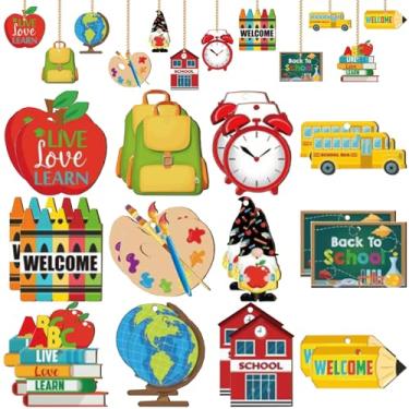 Imagem de Aunthvra 24 peças Welcome Back to School Ornamentos para pendurar árvores - maçãs de ônibus placas de madeira ABC Books recorte de madeira para decoração de sala de aula de volta às aulas suprimentos