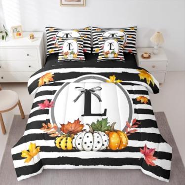 Imagem de Erosebridal Conjunto de edredom com laço alfabético preto e branco, geométrico, colheita de outono, abóbora, 7 peças, letra G, cama em um saco, tamanho solteiro, para crianças, adolescentes e adultos