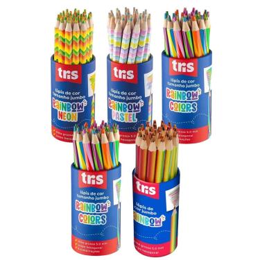 Imagem de 05 Lápis de cor Jumbo multicolorido neon metálico pastel TRIS papelaria volta as aulas escola escolar