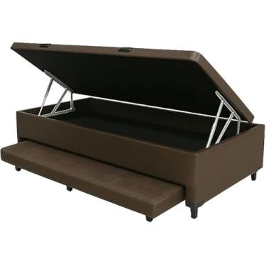 Imagem de Cama Box Báu Solteiro C/Auxiliar com espuma de 6cm, Com Pistão a Gás, Suporta 200kg (Corino Marrom)