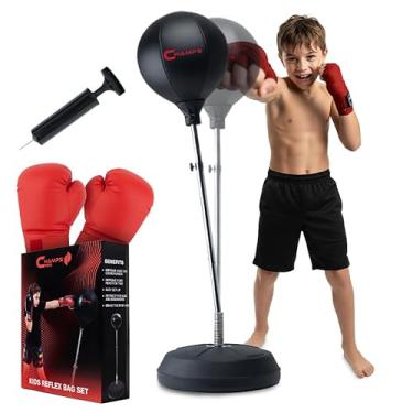Imagem de Champs MMA Saco de pancadas para crianças com suporte | Bolsa refletora independente | Suporte de bolsa de pancada de altura ajustável com luvas – Equipamento de exercícios para agilidade, kit de