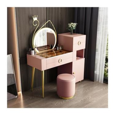 Imagem de Escrivaninha de penteadeira Mesa de toucador grande com gavetas, espelhos e bancos, conjunto maquiagem moderno armário armazenamento, penteadeira para quarto(Pink)