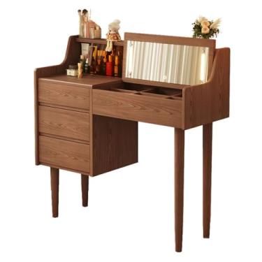 Imagem de Escrivaninha de penteadeira Mesa de toucador maquiagem madeira com espelho flip top e armário armazenamento, penteadeira fazenda gaveta joias para quarto