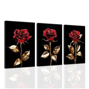 Imagem de ZXHYWYM Conjunto de arte de parede de ouro rosa com 3 impressões de pintura de flores pretas e douradas imagens em tela rosa vermelha floral banheiro quarto decoração de casa emoldurada (40,6 x 61 x 7