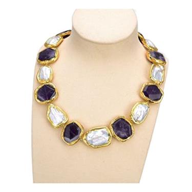 Imagem de Colar de ametista com pérola Keshi branca retângulo cultivado joia 48 cm