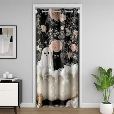 Imagem de Cortina de porta infantil fantasma fofo, desenho animado de gato preto feliz dia das bruxas, cortina blackout para porta de quarto, sala de estar, flores rosas, barroco, vintage, gótico, triplo