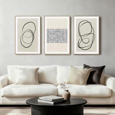 Imagem de Conjunto de arte de parede boho abstrata - impressões em tela emolduradas geométricas boêmias modernas, decoração de parede decorativa inspirada em grafite neutro de meados do século para sala de