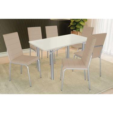 Imagem de Sala de Jantar Completa Elba Tampo Madeirado c/ Vidro 160cm e 6 Cadeiras Amsterdã Cromada/Off White - Corano Bege - Kappesberg