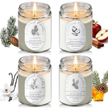 Imagem de Velas perfumadas para casa, pacote com 4 velas perfumadas de cera de soja natural de 800 ml, abeto bálsamo/cedro e âmbar/fava de baunilha/maçã canela, velas de aromaterapia com tema de inverno para