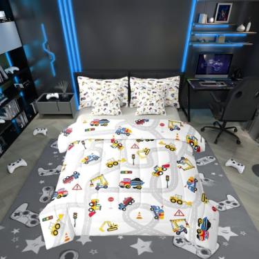 Imagem de Conjunto de cama solteiro com desenho animado de 7 peças, tema de trânsito rodoviário, lindo conjunto de cama de transporte de veículo de carro (edredom + lençol de cima + 2 fronhas + 2 fronhas de