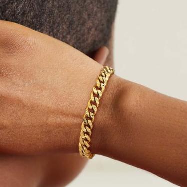 Imagem de Pulseira de corrente cubana banhada a ouro 14 K para mulheres, pulseira ajustável, tênis, contas, clipe de papel/elos cubanos, joias, Medium, Latão, Sem Pedra Preciosa
