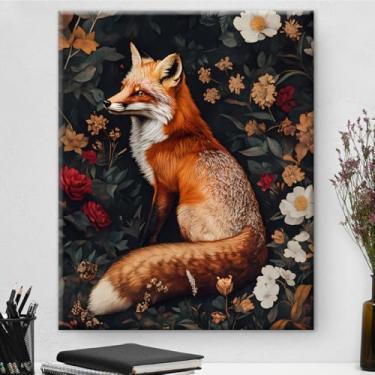 Imagem de Aesthetic Fox Floral Wall Art Decor Flowers Fox Cottagecore Pôster Impressão em Tela Dark Academia Pintura Emoldurada Decoração de Parede para Casa Quinta Quarto Sala de Estar 20 x 25 cm
