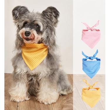 Imagem de 3 peças bandanas para cães primavera cachorro bandana triângulo cachecol macio lavável ajustável babador acessórios para animais de estimação pequenos, médios e grandes, rosa, azul e amarelo