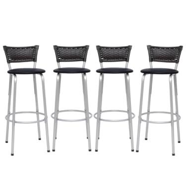 Imagem de Banqueta Altas Junco Preto Estrutura Prata 70cm Para Balcão Cozinha, Bar, Bistrô, Americano Kit 04 Unidades - Itagold (Assento Preto)
