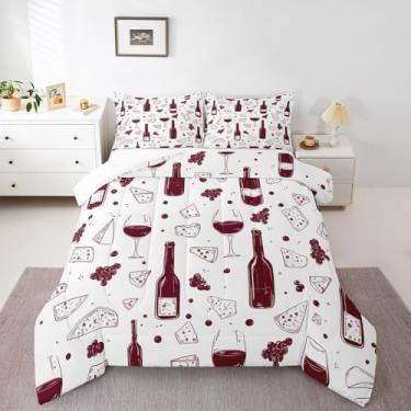 Imagem de Conjunto de edredom casal com taça de vinho, pizza para adultos e adolescentes, conjunto de colcha de queijo de luxo para decoração de quarto, 3 peças