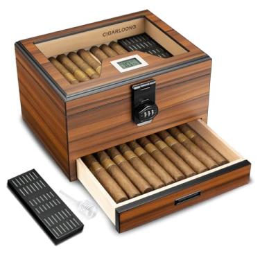 Imagem de Umidor de charuto, caixa de charutos de madeira de cedro, umidificador de mesa com higrômetro, umidificador, prateleira, divisória, gaveta de acessórios para charutos e fechadura de combinação, para