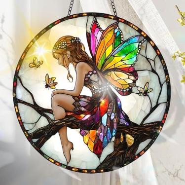 Imagem de Apanhador solar de acrílico colorido, decoração de janela suspensa de elfo com design de vitral impresso, apanhador de sol, arte de parede de arco-íris, ideia de presente e ornamento de jardim, uso