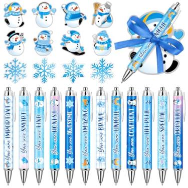 Imagem de Engrowtic Conjunto de 24 lembrancinhas de festa de floco de neve de inverno, notas adesivas de floco de neve com fitas esferográficas, em forma de boneco de neve, canetas esferográficas inspiradoras