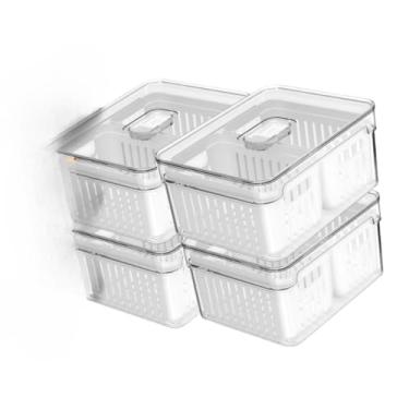 Imagem de Caixa De Armazenamento Para FrigoríFico Com Grelha De Drenagem – Para Lavar E Armazenar Legumes E Frutas(4 UN Potes 2,2L C/2 Divisoria)