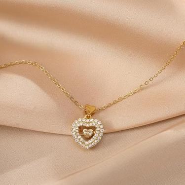 Imagem de Colar de coração romântico com pingente de strass para mulheres, corrente de clavícula banhada a ouro, joia minimalista para presente de Dia dos Namorados