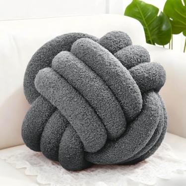 Imagem de Adlbbkiy Bola de almofada de nó cinza escuro de 21 cm, almofada redonda macia feita à mão com nó, almofada de pelúcia para decoração de casa, almofada de travesseiro de pelúcia com nó, para sofá de
