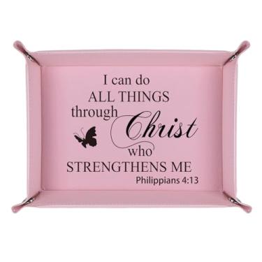 Imagem de LJZTYX Presentes cristãos para mulheres, bandeja de couro gravada, versículo bíblico, fé, presentes inspiradores de aniversário, organizador de armazenamento de mesa com manobrista (Filipenses 4:13)