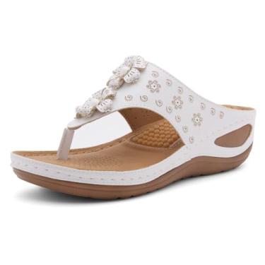 Imagem de Herstyle H-Nadia Chinelo feminino plataforma sem cadarço sandália anabela caminhada confortável com suporte de arco, Branco, 8