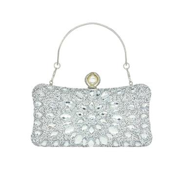 Imagem de MAIRLOM Bolsa clutch com strass para mulheres, noite, casamento, formal, - bolsa de mão redonda com fecho de pérola - Bolsa de diamante de cristal, Prata sólida