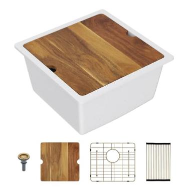 Imagem de Lordear Pia de cozinha composta de granito branco de 45,7 cm x 45,7 cm, pias de quartzo branco embaixo do balcão, pia de tigela única com acessórios dourados clássicos