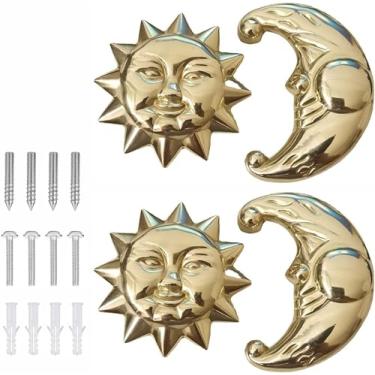 Imagem de Qijoys Puxadores de gaveta latão sol lua decoração - puxadores e puxadores de armário de latão antigo para cozinha, banheiro, cômoda, guarda-roupa - fácil instalação (2 pares)