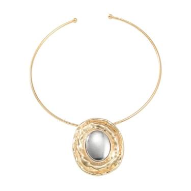 Imagem de Colar feminino grosso de ouro, gargantilha tribal africana com pingente oval, joia de metal martelado com punho aberto, presente elegante boho vintage, General, Metal, Sem Pedra Preciosa