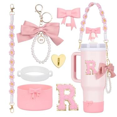 Imagem de Rabrgab Conjunto de acessórios para copo Stanley rosa de 7 peças – topo de palha com laço, pingente de laço fofo, bota de silicone com design de laço, alça de alça de garrafa de água e adesivo de