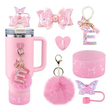 Imagem de Conjunto de 6 peças de acessórios de copo Stanley rosa - tampa de cobertura de palha de borboleta, laço brilhante para canudo, bota de silicone brilhante, pingente de letra e pompom para copos satnley