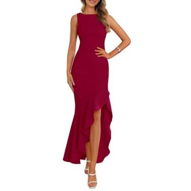 Imagem de Vestido maxi PRETTYGARDEN 2025 sem mangas com babados, sereia, vinho t