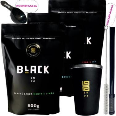 Imagem de Kit 3 Pacotes Black Erva Mate Tereré + Copo de Alumínio Térmico + Bomb