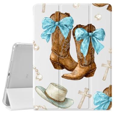 Imagem de VibrantFruitique Capa retrô caubói ocidental para iPad (A16) 11ª geração 2025 27.9 cm/10ª geração 2022 10.9 polegadas Blue Bow Boots Case, porta-lápis, traseira de TPU macio transparente e capa com