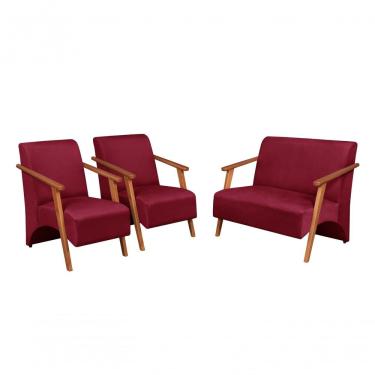 Imagem de Conjunto Venus Braços Em Madeira Maciça 1 Namoradeira 2 Poltronas Suede Unidecor Bordô