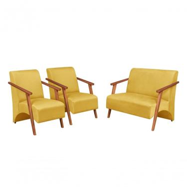 Imagem de Conjunto Venus Braços Em Madeira Maciça 1 Namoradeira 2 Poltronas Suede Unidecor Amarelo