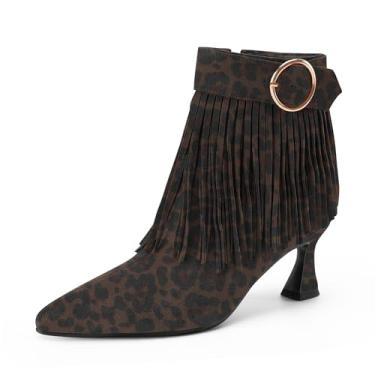 Imagem de Perisis Botas femininas com franjas, salto gatinho, preto, bico fino, camurça, cano curto, com zíper lateral, Leopardo marrom escuro, 35