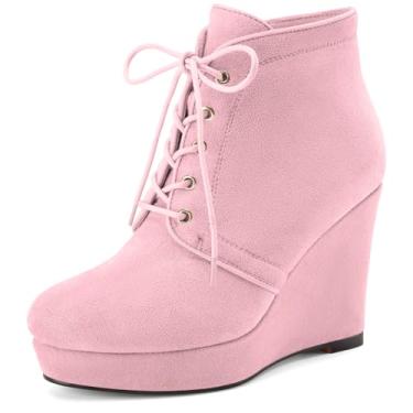 Imagem de Perisis Botas femininas de cano curto plataforma plataforma bico redondo cadarço salto cunha botas patentes botas sociais 10 cm sapatos confortáveis, Camurça rosa claro, 35