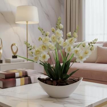 Imagem de Arranjo de Orquídea Artificial Planta Decorativa Vaso e Casca Polida(Branco1)