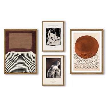 Imagem de NIKICEE Arte de parede emoldurada minimalista 4 peças, decoração de quarto moderna, arte em tela abstrata, decoração de quarto, imagens boêmias, modernas, abstratas, minimalistas, preto, bege, boêmio