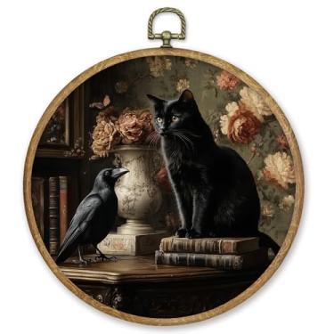 Imagem de CGBHW Decoração de parede redonda de corvo de gato vintage, impressões em tela de flores de corvo mal-humorado, decoração de parede Dark Academia para decoração de casa, galeria, quarto, sala de estar