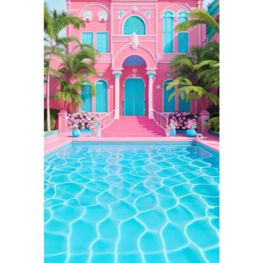 Imagem de 1 x 1,5 m Fundo de piscina de verão rosa casa de sonho tropical palmeira flores menina aniversário onda água fundo recém-nascido bebê chá de bebê festa de aniversário adereços de estúdio fotográfico