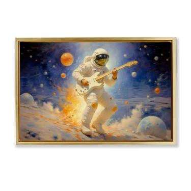 Imagem de Stupell Industries Arte de parede em tela flutuante com moldura dourada astronauta espacial músico, design de Angie Hawke, 21 x 31