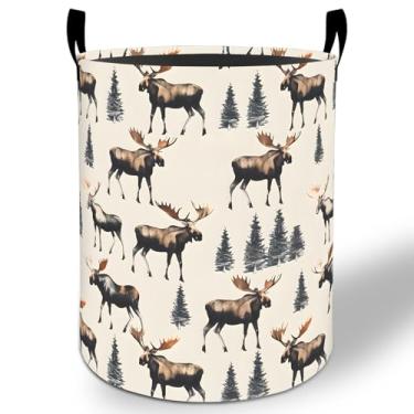 Imagem de Cesto de roupa suja Forest Moose 50 x 40 cm, animal rústico, dobrável, impermeável, balde de armazenamento de roupas Oxford para quarto, banheiro, quarto, berçário, organizador de brinquedos