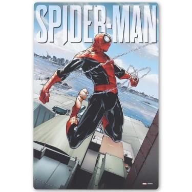 Imagem de Open Road Brands Placa de metal Marvel Spider-Man Skyscraper Webs - Arte de parede divertida do Homem-Aranha para homem caverna ou sala de cinema