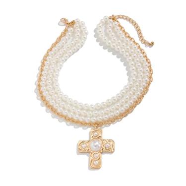 Imagem de Colar feminino grosso com pingente de cruz martelada em camadas, contas e pérolas grossas delicadas, corrente de prata, retrô, presente de festa de formatura, One Size, Metal, Sem Pedra Preciosa